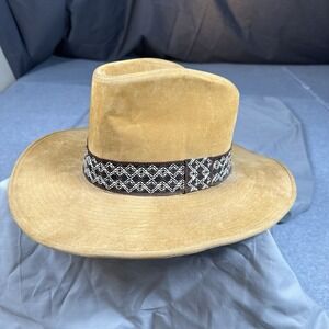 Vintage GW Faux Suede Wide-Brim Hat, 6 3/4-6 7/8 Woven Band, Made in Korea NOTE‎